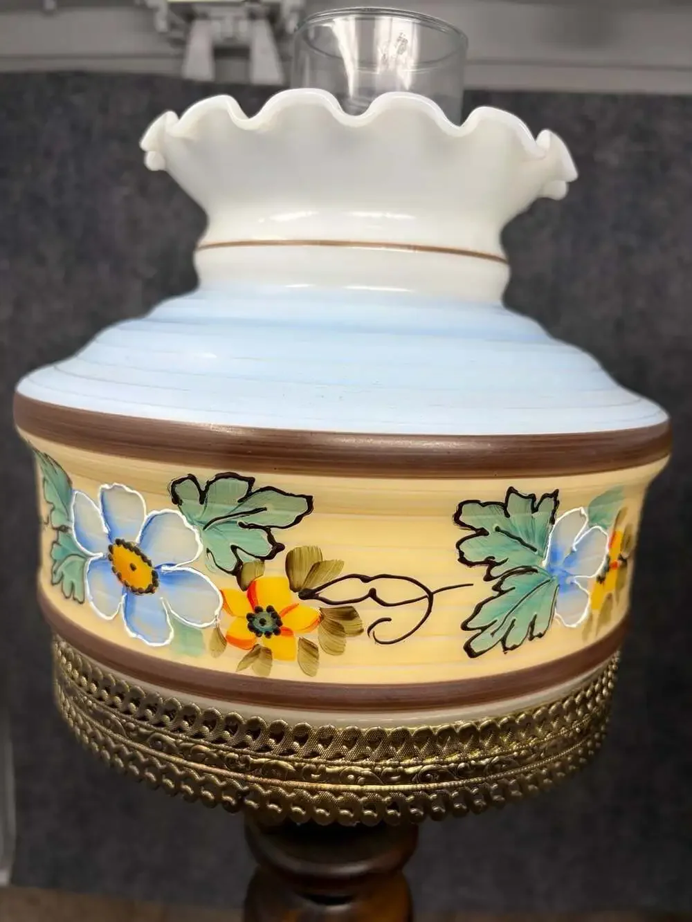 VTG MCM Hand Painted Floral Glass Hurricane GWTW  Table Lamps Turned wood base